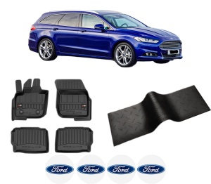 Set 5 covorase auto FORD MONDEO V Turnier (CF) din 2015-2024, cu covoras tunel median, presuri auto din cauciuc, 4x Stickere auto cu FORD - Img 2