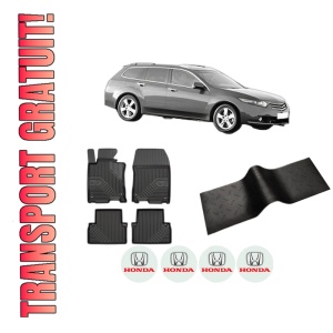 Set 5 covorase auto HONDA ACCORD VIII Estate (CW) din 2013-2018, cu covoras tunel median, presuri auto din cauciuc, 4x Stickere auto cu HONDA