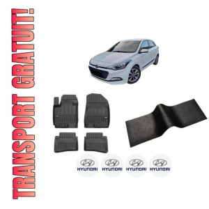 Set 5 covorase auto HYUNDAI i20 II (GB, IB) din 2007-2013, cu covoras tunel median, presuri auto din cauciuc, 4x Stickere auto cu HYUNDAI
