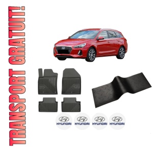Set 5 covorase auto HYUNDAI i30 Estate (PDE) din 2014-2023, cu covoras tunel median, presuri auto din cauciuc, 4x Stickere auto cu HYUNDAI