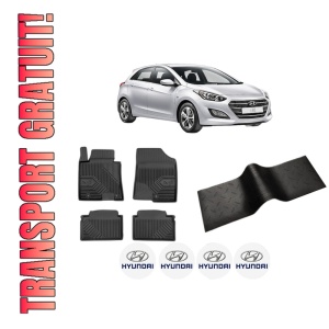Set 5 covorase auto HYUNDAI i30 (GD) din 2017-2022, cu covoras tunel median, presuri auto din cauciuc, 4x Stickere auto cu HYUNDAI