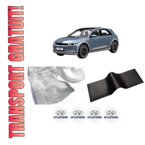 Set 5 covorase auto HYUNDAI IONIQ 5 (NE) din 2012-2021, cu covoras tunel median, presuri auto din cauciuc, 4x Stickere auto cu HYUNDAI