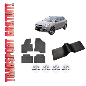 Set 5 covorase auto HYUNDAI ix35 (LM, EL, ELH) din 2008-2017, cu covoras tunel median, presuri auto din cauciuc, 4x Stickere auto cu HYUNDAI
