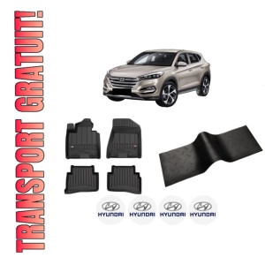 Set 5 covorase auto HYUNDAI TUCSON SUV Van (TLE) din 2005-2015, cu covoras tunel median, presuri auto din cauciuc, 4x Stickere auto cu HYUNDAI
