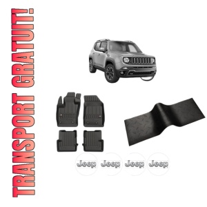 Set 5 covorase auto JEEP RENEGADE SUV (BU, B1, BV) din 2018-2024, cu covoras tunel median, presuri auto din cauciuc, 4x Stickere auto cu JEEP