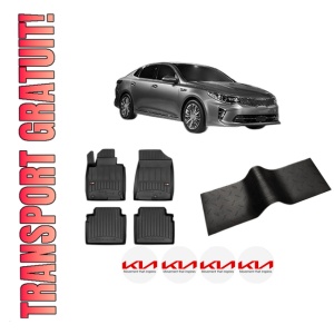 Set 5 covorase auto KIA OPTIMA (JF) din 2010-2018, cu covoras tunel median, presuri auto din cauciuc, 4x Stickere auto cu KIA