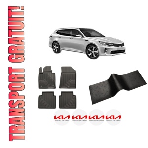 Set 5 covorase auto KIA OPTIMA Sportswagon (JF) din 2004-2012, cu covoras tunel median, presuri auto din cauciuc, 4x Stickere auto cu KIA