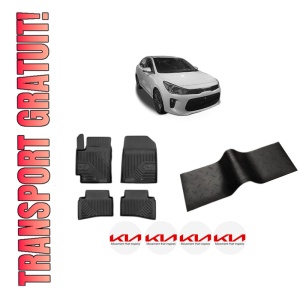 Set 5 covorase auto KIA RIO IV Saloon (SC, FB) din 2007-2015, cu covoras tunel median, presuri auto din cauciuc, 4x Stickere auto cu KIA