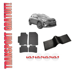 Set 5 covorase auto KIA STONIC (YB) din 2007-2015, cu covoras tunel median, presuri auto din cauciuc, 4x Stickere auto cu KIA