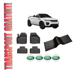 Set 5 covorase auto LAND ROVER RANGE ROVER EVOQUE Convertible (L538) din 2013-2014, cu covoras tunel median, presuri auto din cauciuc, 4x Stickere auto cu LAND ROVER