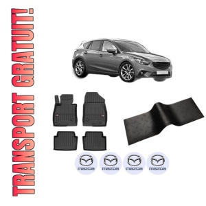 Set 5 covorase auto MAZDA 3 (BM, BN) din 2007-2016, cu covoras tunel median, presuri auto din cauciuc, 4x Stickere auto cu MAZDA