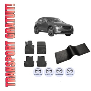 Set 5 covorase auto MAZDA CX-3 (DK) din 2012-2015, cu covoras tunel median, presuri auto din cauciuc, 4x Stickere auto cu MAZDA