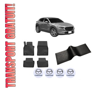 Set 5 covorase auto MAZDA CX-30 (DM) din 2014-2015, cu covoras tunel median, presuri auto din cauciuc, 4x Stickere auto cu MAZDA
