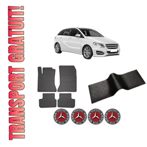 Set 5 covorase auto MERCEDES-BENZ B-CLASS Sports Tourer (W246, W242) din 2016-2018, cu covoras tunel median, presuri auto din cauciuc, 4x Stickere auto cu MERCEDES-BENZ