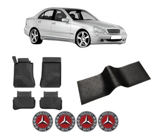 Set 5 covorase auto MERCEDES-BENZ C-CLASS (W203) din 2016-2023, cu covoras tunel median, presuri auto din cauciuc, 4x Stickere auto cu MERCEDES-BENZ - Img 2