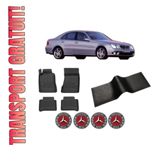 Set 5 covorase auto MERCEDES-BENZ E-CLASS (W211) din 2009-2016, cu covoras tunel median, presuri auto din cauciuc, 4x Stickere auto cu MERCEDES-BENZ