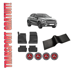 Set 5 covorase auto MERCEDES-BENZ GLA-CLASS (X156) din 2014-2021, cu covoras tunel median, presuri auto din cauciuc, 4x Stickere auto cu MERCEDES-BENZ