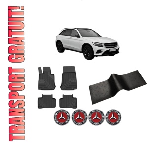 Set 5 covorase auto MERCEDES-BENZ GLC (X253) din 2004-2013, cu covoras tunel median, presuri auto din cauciuc, 4x Stickere auto cu MERCEDES-BENZ
