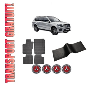 Set 5 covorase auto MERCEDES-BENZ GLS (X166) din 2004-2011, cu covoras tunel median, presuri auto din cauciuc, 4x Stickere auto cu MERCEDES-BENZ