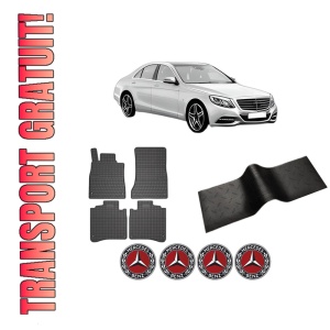 Set 5 covorase auto MERCEDES-BENZ S-CLASS (W222, V222, X222) din 2016-2023, cu covoras tunel median, presuri auto din cauciuc, 4x Stickere auto cu MERCEDES-BENZ