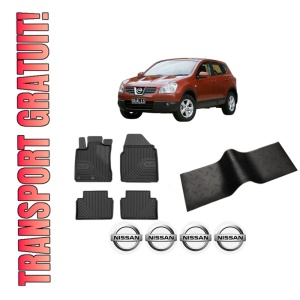 Set 5 covorase auto NISSAN QASHQAI I (J10, NJ10) din 2006-2015, cu covoras tunel median, presuri auto din cauciuc, 4x Stickere auto cu NISSAN