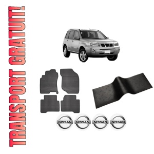 Set 5 covorase auto NISSAN X-TRAIL I (T30) din 2017-2020, cu covoras tunel median, presuri auto din cauciuc, 4x Stickere auto cu NISSAN