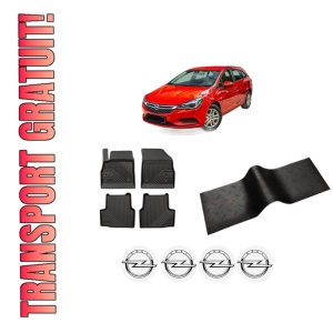 Set 5 covorase auto OPEL ASTRA K (B16) din 2019-2023, cu covoras tunel median, presuri auto din cauciuc, 4x Stickere auto cu OPEL