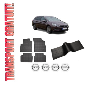 Set 5 covorase auto OPEL ASTRA K Sports Tourer (B16) din 2012-2021, cu covoras tunel median, presuri auto din cauciuc, 4x Stickere auto cu OPEL