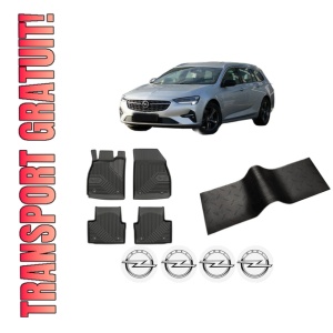 Set 5 covorase auto OPEL INSIGNIA A Sports Tourer (G09) din 2004-2012, cu covoras tunel median, presuri auto din cauciuc, 4x Stickere auto cu OPEL