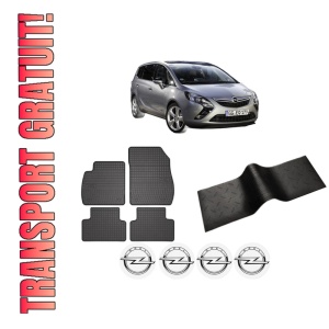 Set 5 covorase auto OPEL ZAFIRA TOURER C (P12) din 2016-2019, cu covoras tunel median, presuri auto din cauciuc, 4x Stickere auto cu OPEL