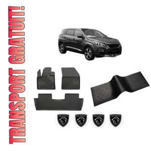 Set 5 covorase auto PEUGEOT 5008 II (MC_, MJ_, MR_, M4_) din 2004-2012, cu covoras tunel median, presuri auto din cauciuc, 4x Stickere auto cu PEUGEOT