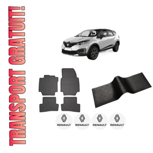 Set 5 covorase auto RENAULT CAPTUR I (J5_, H5_) din 2010-2017, cu covoras tunel median, presuri auto din cauciuc, 4x Stickere auto cu RENAULT