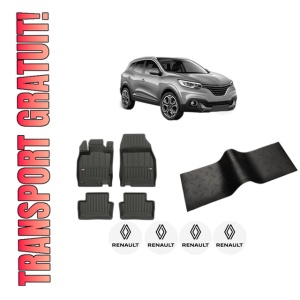 Set 5 covorase auto RENAULT KADJAR (HA_, HL_) din 2007-2015, cu covoras tunel median, presuri auto din cauciuc, 4x Stickere auto cu RENAULT