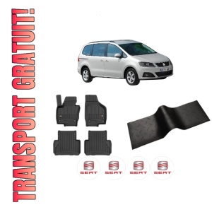 Set 5 covorase auto SEAT ALHAMBRA (710, 711) din 2009-2016, cu covoras tunel median, presuri auto din cauciuc, 4x Stickere auto cu SEAT