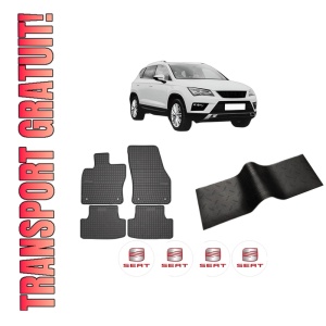 Set 5 covorase auto SEAT ATECA (KH7, KHP) din 2003-2012, cu covoras tunel median, presuri auto din cauciuc, 4x Stickere auto cu SEAT