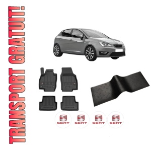 Set 5 covorase auto SEAT IBIZA V (KJ1, KJG) din 2008-2015, cu covoras tunel median, presuri auto din cauciuc, 4x Stickere auto cu SEAT