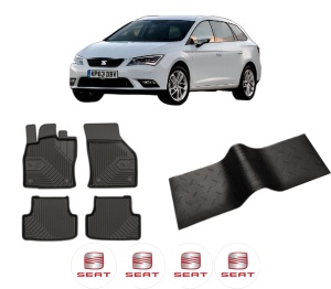 Set 5 covorase auto SEAT LEON ST Estate Van (5F8) din 2013-2019, cu covoras tunel median, presuri auto din cauciuc, 4x Stickere auto cu SEAT - Img 2