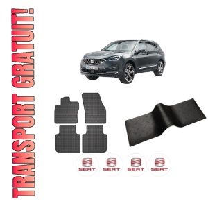 Set 5 covorase auto SEAT TARRACO (KN2) din 2012-2019, cu covoras tunel median, presuri auto din cauciuc, 4x Stickere auto cu SEAT