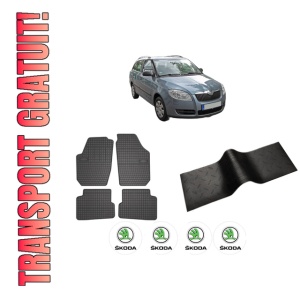 Set 5 covorase auto SKODA FABIA II Combi (545) din 2015-2018, cu covoras tunel median, presuri auto din cauciuc, 4x Stickere auto cu SKODA