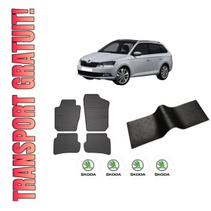 Set 5 covorase auto SKODA FABIA III Estate (NJ5) din 2008-2015, cu covoras tunel median, presuri auto din cauciuc, 4x Stickere auto cu SKODA