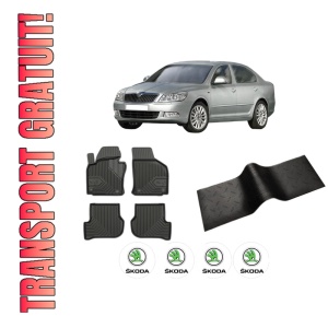 Set 5 covorase auto SKODA Octavia II (1Z3) din 2004-2009, cu covoras tunel median, presuri auto din cauciuc, 4x Stickere auto cu SKODA