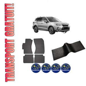 Set 5 covorase auto SUBARU FORESTER (SJ_) din 2017-2024, cu covoras tunel median, presuri auto din cauciuc, 4x Stickere auto cu SUBARU