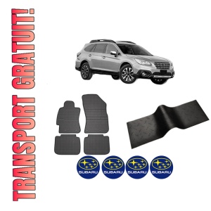 Set 5 covorase auto SUBARU OUTBACK (BS) din 2012-2020, cu covoras tunel median, presuri auto din cauciuc, 4x Stickere auto cu SUBARU
