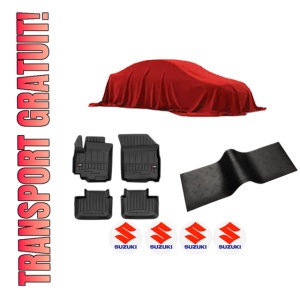 Set 5 covorase auto SUZUKI SX4 (EY, GY) din 2013-2020, cu covoras tunel median, presuri auto din cauciuc, 4x Stickere auto cu SUZUKI