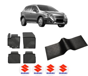 Set 5 covorase auto SUZUKI SX4 S-CROSS (JY) din 2014-2016, cu covoras tunel median, presuri auto din cauciuc, 4x Stickere auto cu SUZUKI - Img 2