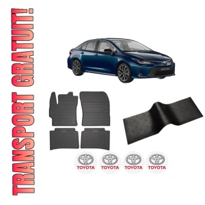 Set 5 covorase auto TOYOTA COROLLA Saloon (_E21_) din 2014-2018, cu covoras tunel median, presuri auto din cauciuc, 4x Stickere auto cu TOYOTA