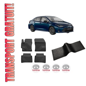 Set 5 covorase auto TOYOTA COROLLA Saloon (_E21_) din 2014-2018, cu covoras tunel median, presuri auto din cauciuc, 4x Stickere auto cu TOYOTA