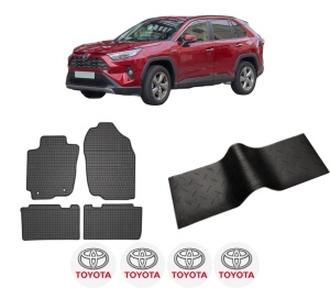 Set 5 covorase auto TOYOTA RAV 4 IV (_A4_) din 2015-2020, cu covoras tunel median, presuri auto din cauciuc, 4x Stickere auto cu TOYOTA - Img 2