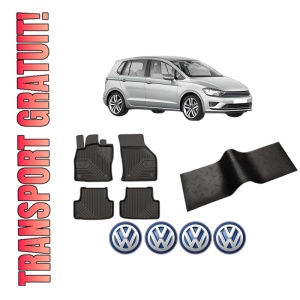 Set 5 covorase auto Volkswagen GOLF SPORTSVAN VII (AM1, AN1) din 2003-2012, cu covoras tunel median, presuri auto din cauciuc, 4x Stickere auto cu Volkswagen