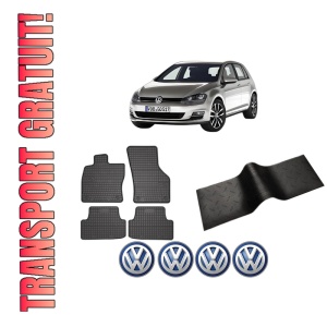 Set 5 covorase auto Volkswagen GOLF VII Van (5G1) din 2001-2007, cu covoras tunel median, presuri auto din cauciuc, 4x Stickere auto cu Volkswagen